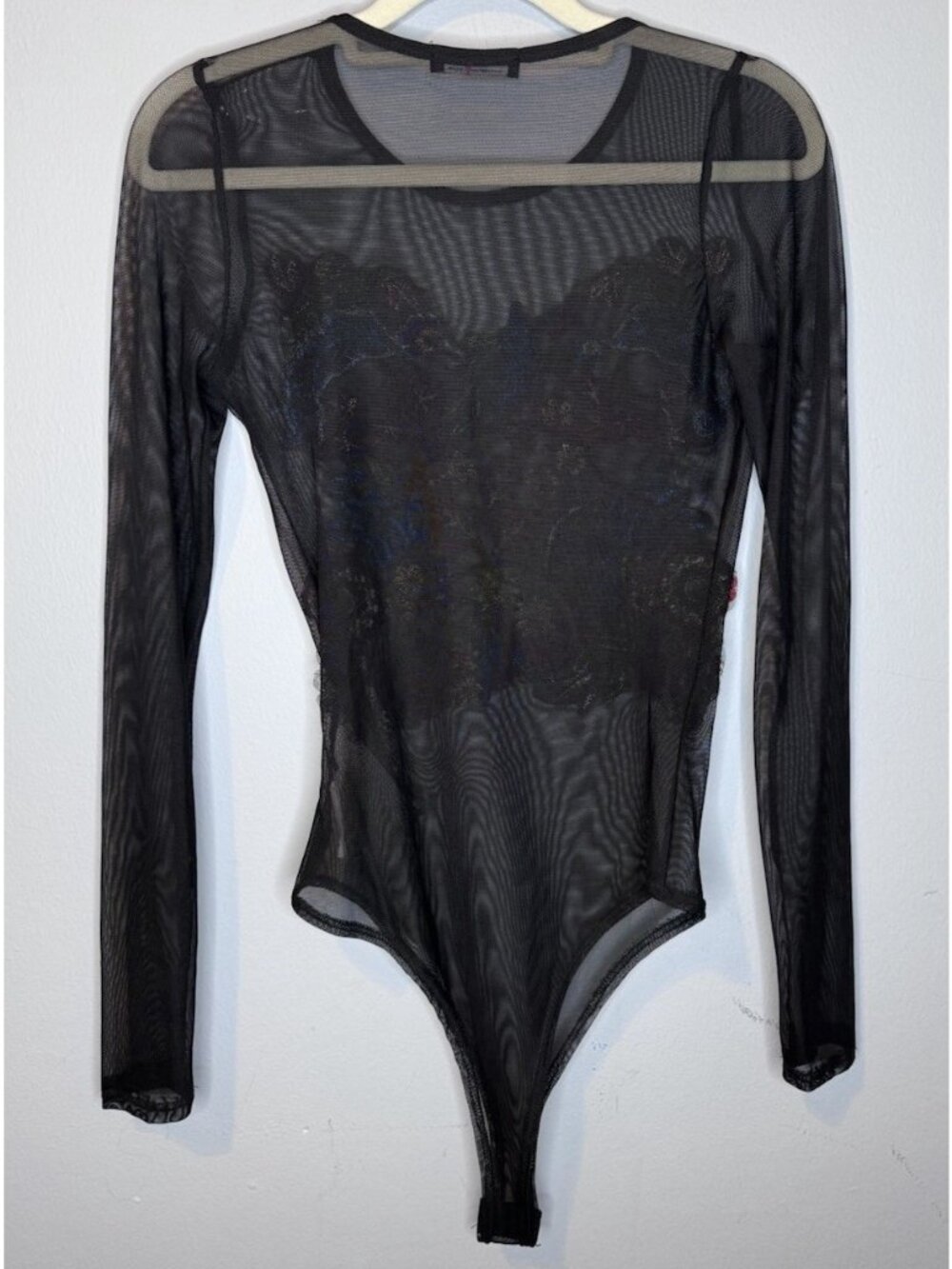 Black Embroidered Sheer Bodysuit Small Women’s Long Sleeve Floral Flower - Picture 2 of 5